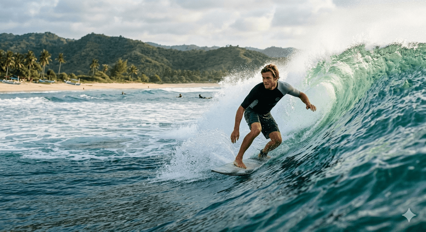 A man is surfing in a large, curling ocean wave.
