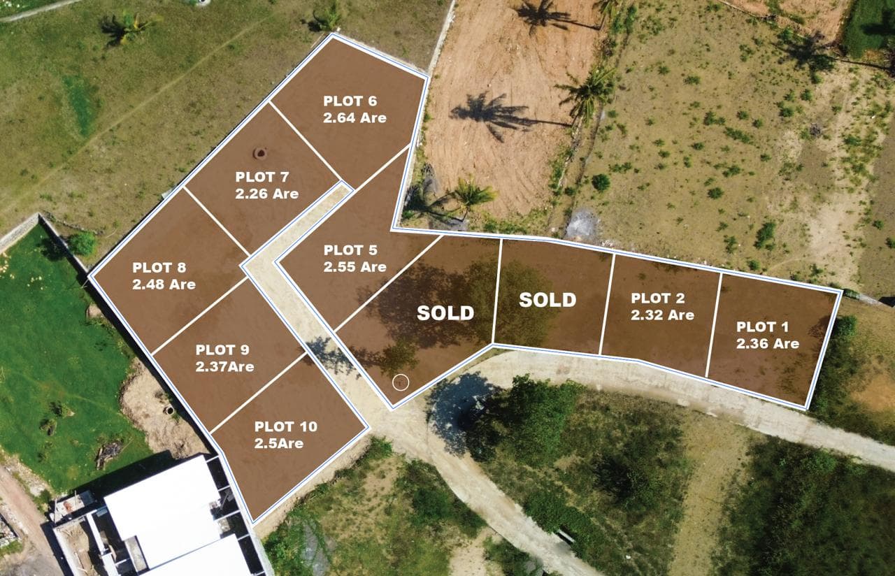 Top-down land layout map showing individual plot sizes (ranging from 2.26 to 2.64 Are) with sold lots indicated.