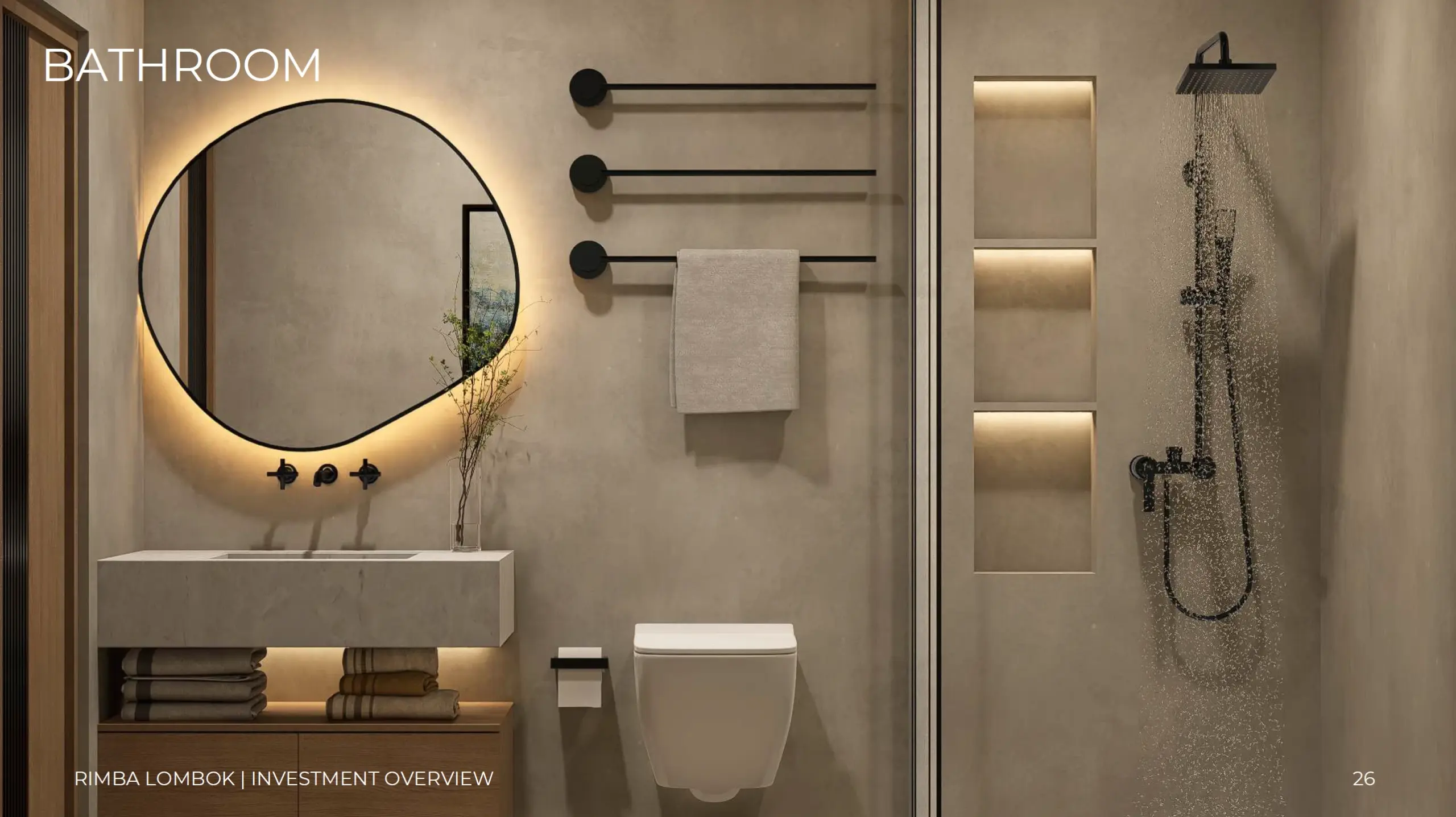 Sleek bathroom layout with an illuminated round mirror, wall-mounted matte black fixtures, open towel racks, and a glass-enclosed rain shower.