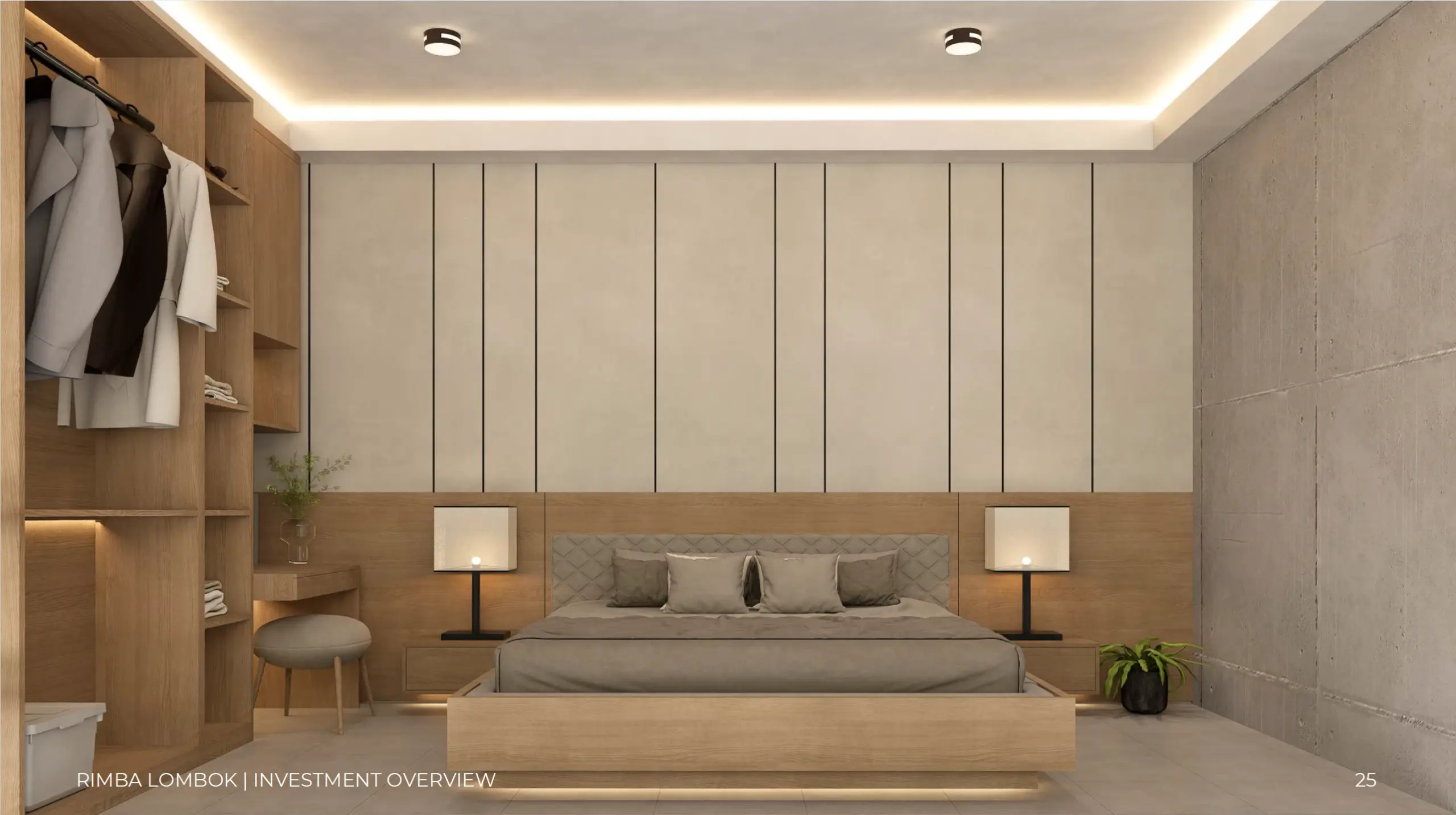 Modern bedroom featuring a light wood headboard with vertical paneling, matching nightstands with lamps, an integrated open wardrobe, and an accent concrete wall