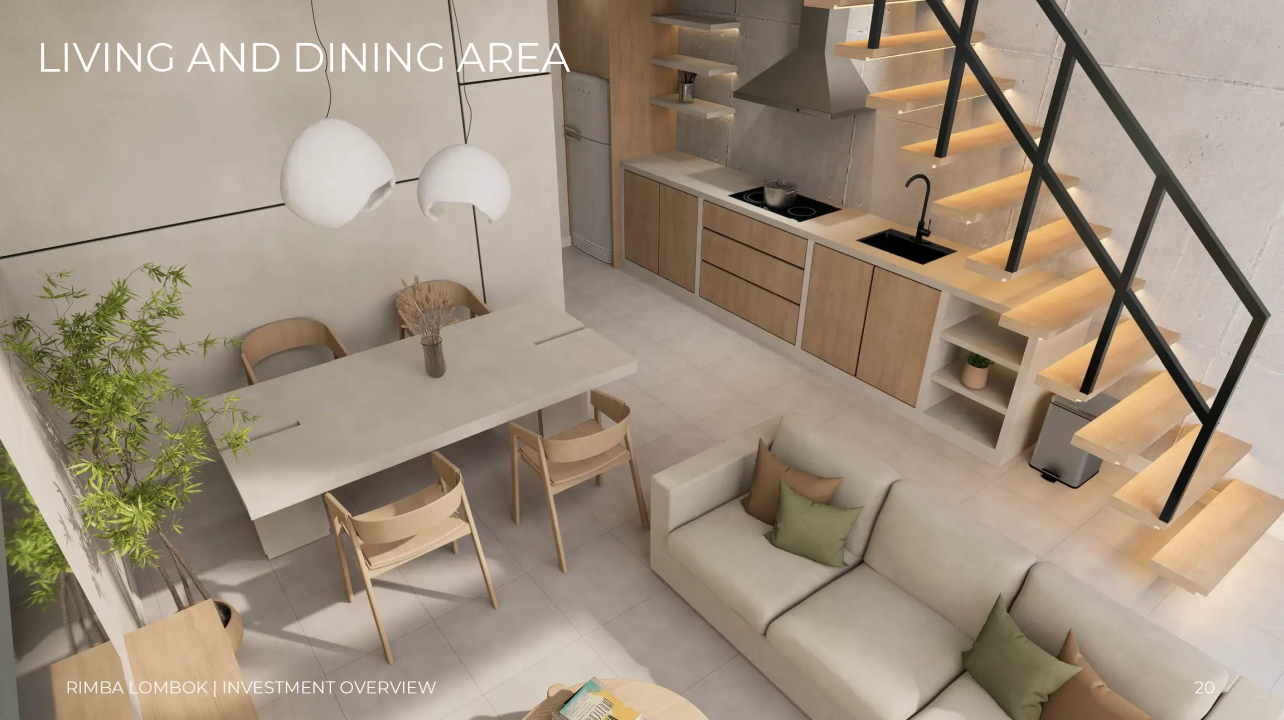 High-angle rendering of an open-concept living and dining space with floating wooden stairs, a minimalist kitchen counter, and pendant light fixtures.