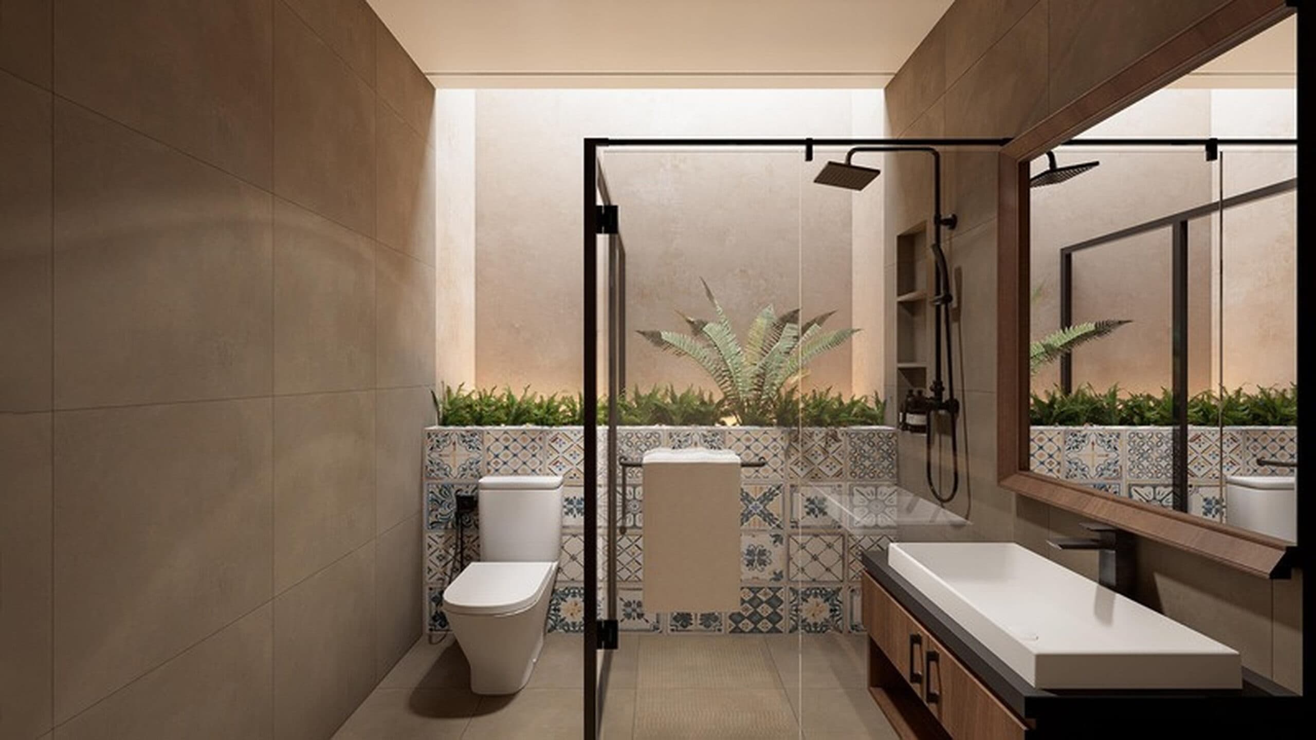 Modern bathroom with patterned wall tiles, a glass shower stall, a floating wooden vanity, and an open-air indoor garden backdrop.