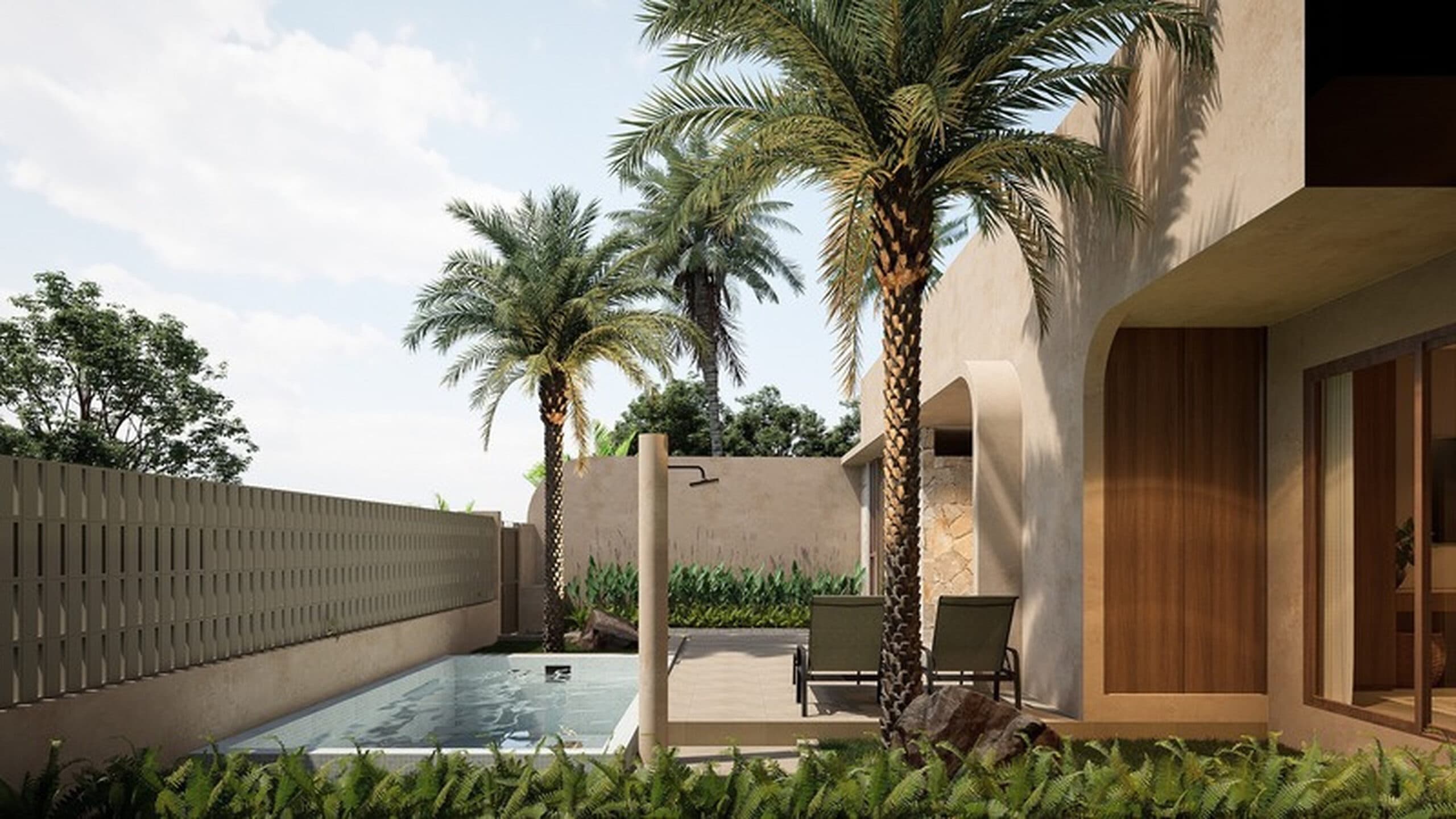 Private outdoor patio area featuring a plunge pool, palm trees, sun loungers, and an outdoor shower against neutral stucco walls.