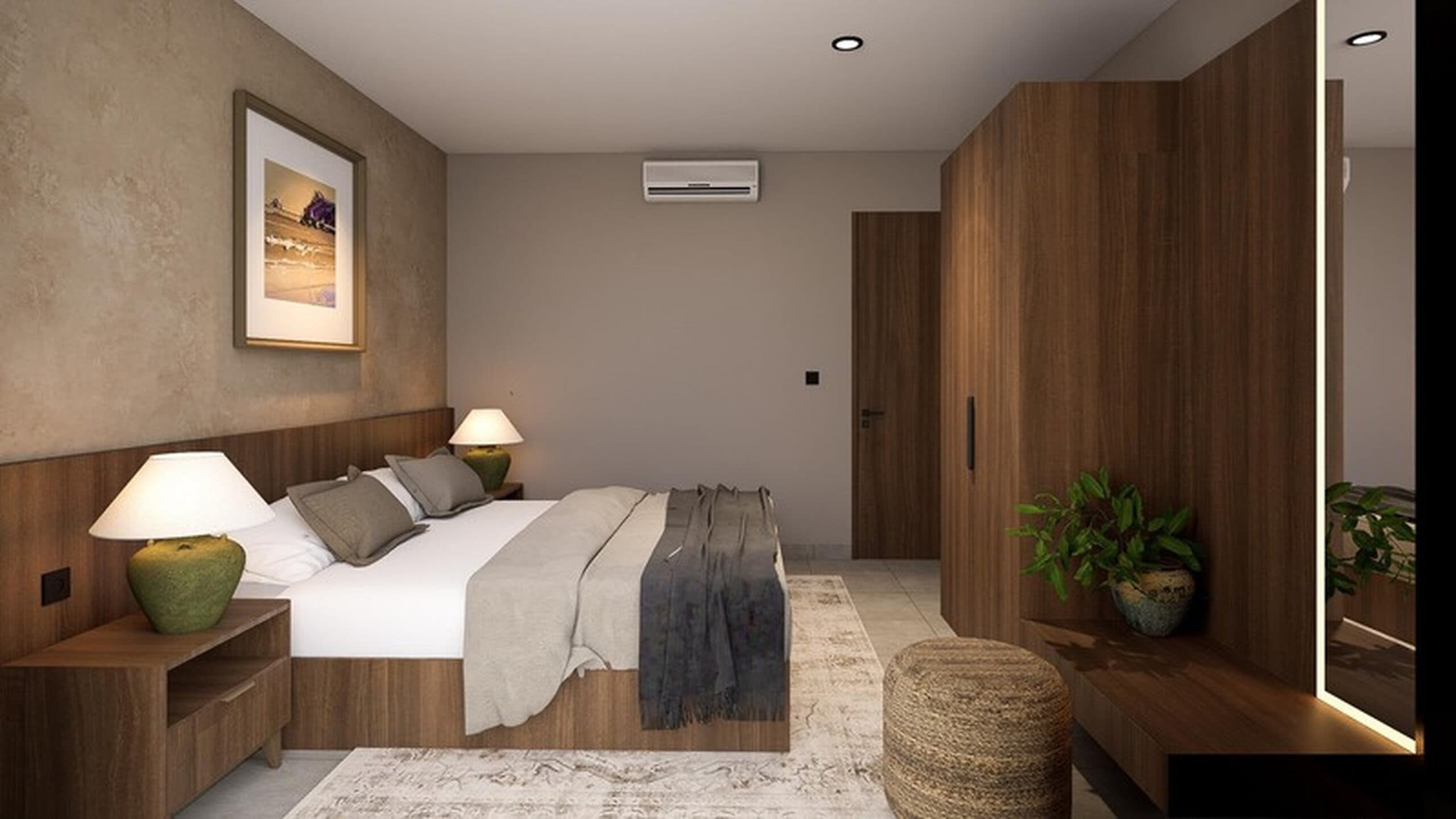 Cozy bedroom design with a dark wood bed frame, woven ottoman, built-in wooden wardrobe, and soft ambient lighting