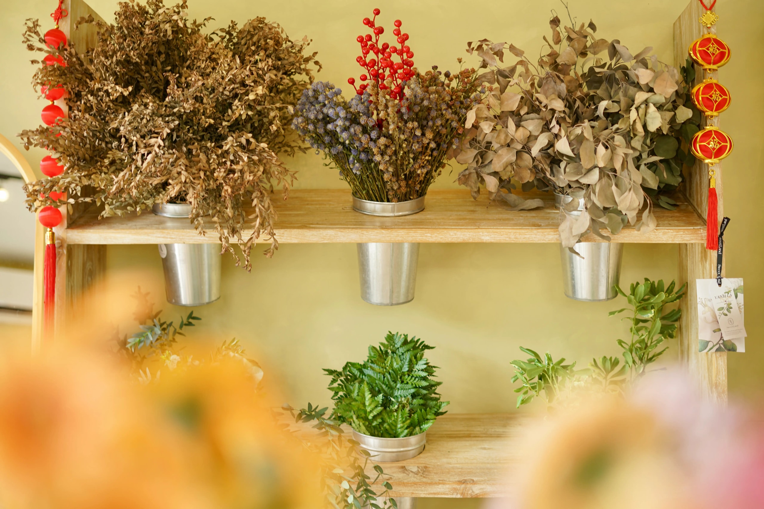 Wooden display shelf with potted dried flowers, green plants, and red Chinese New Year lantern ornaments.
