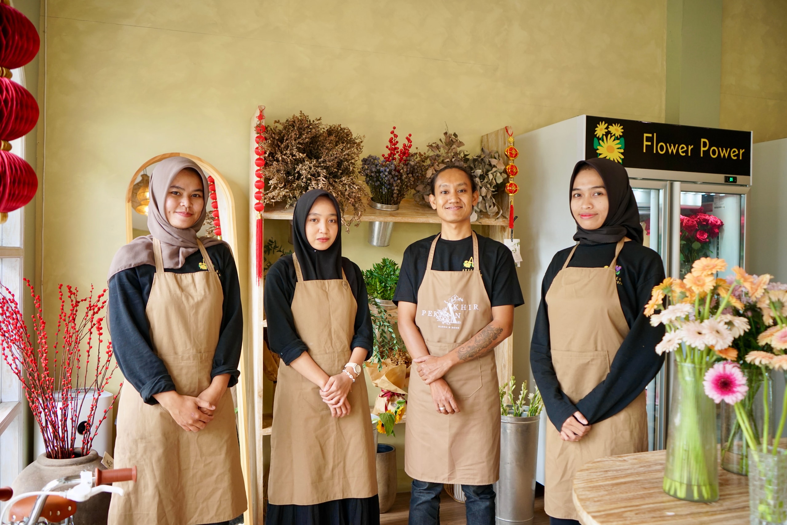 The professional florist team of Anggrek Lombokensis in their flower studio in Kuta Lombok.
