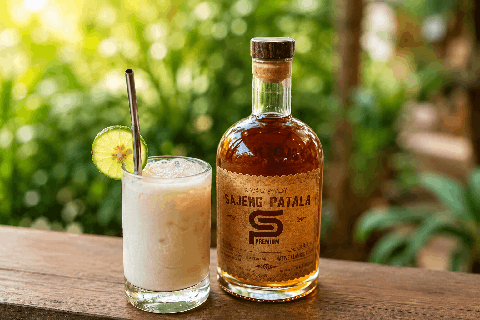 Tropical arak cocktail with creamy coconut drink and lime garnish