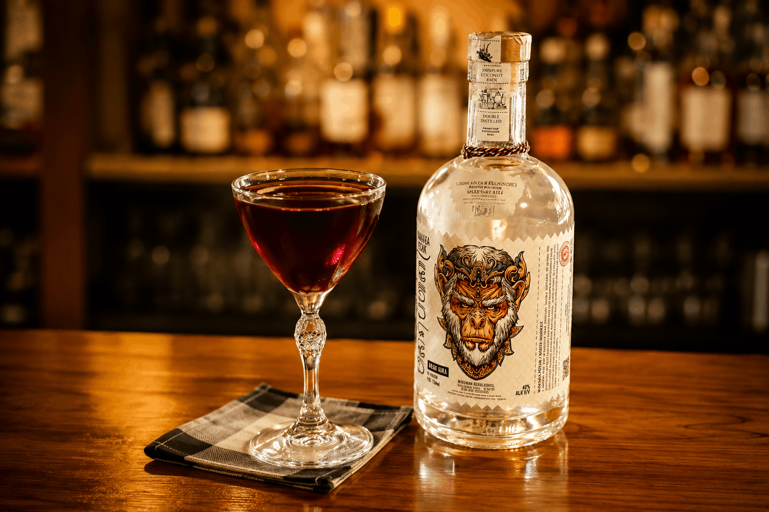 Classic red cocktail served with premium coconut arak bottle in a warm bar setting