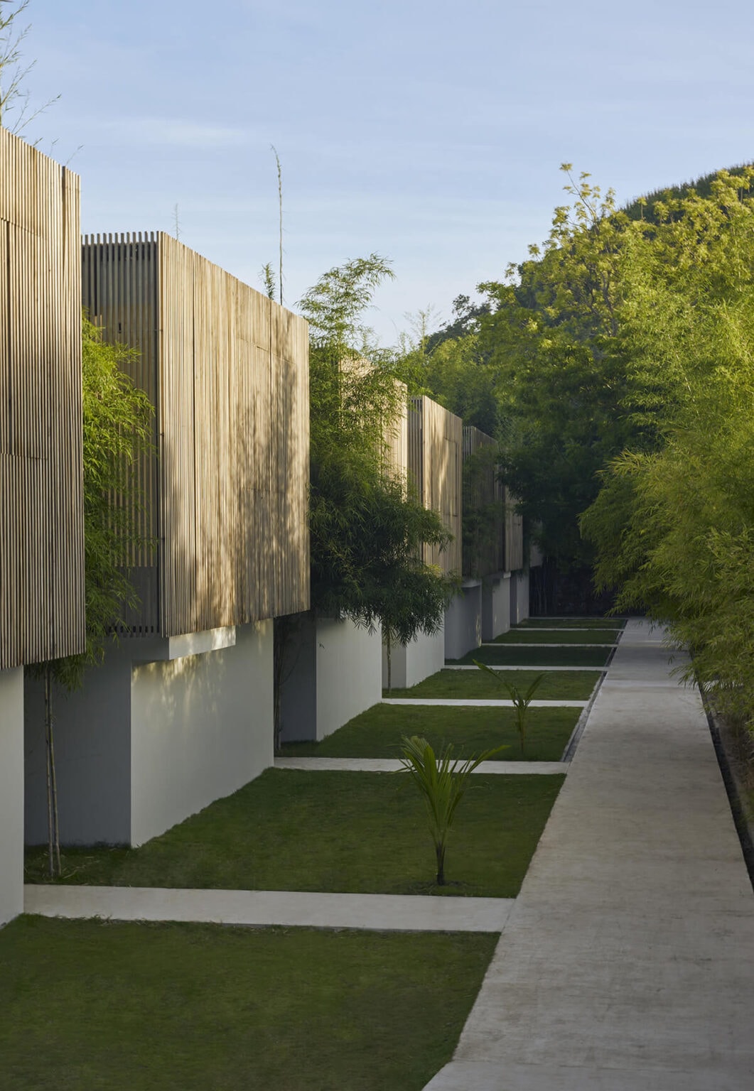 Concrete walkway running past modern, slatted wooden villa exteriors and lush foliage.