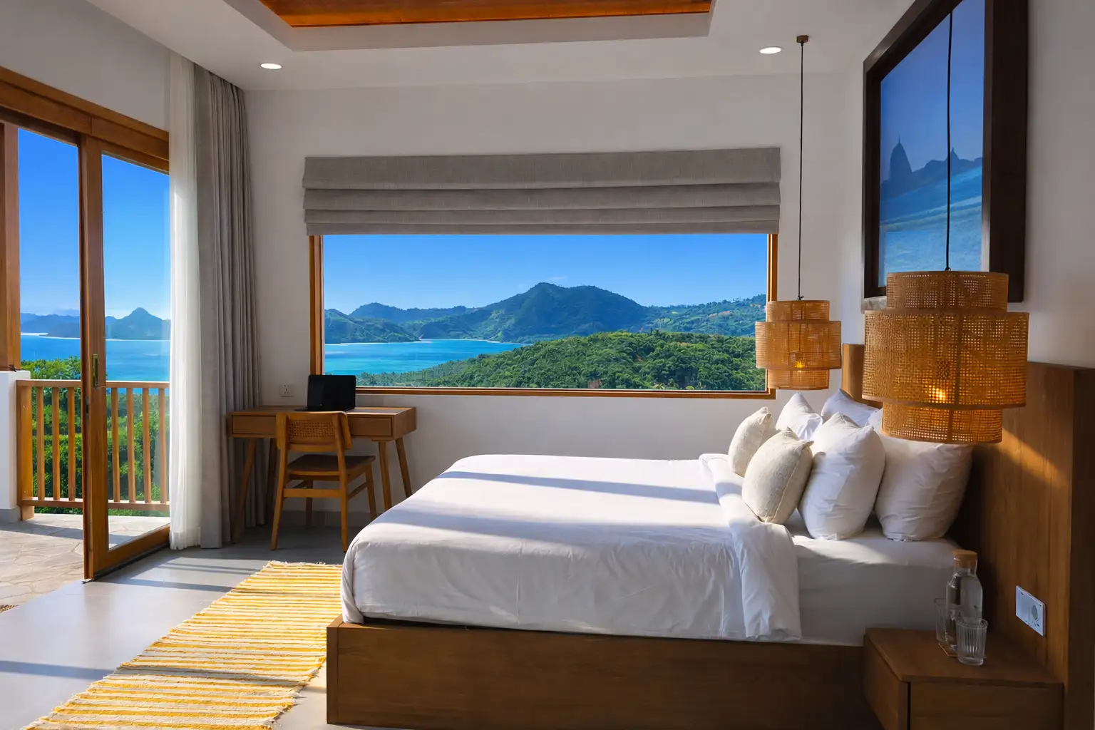 Chambre principale avec grand lit double, coin bureau et baie vitrée panorama sur la baie turquoise.