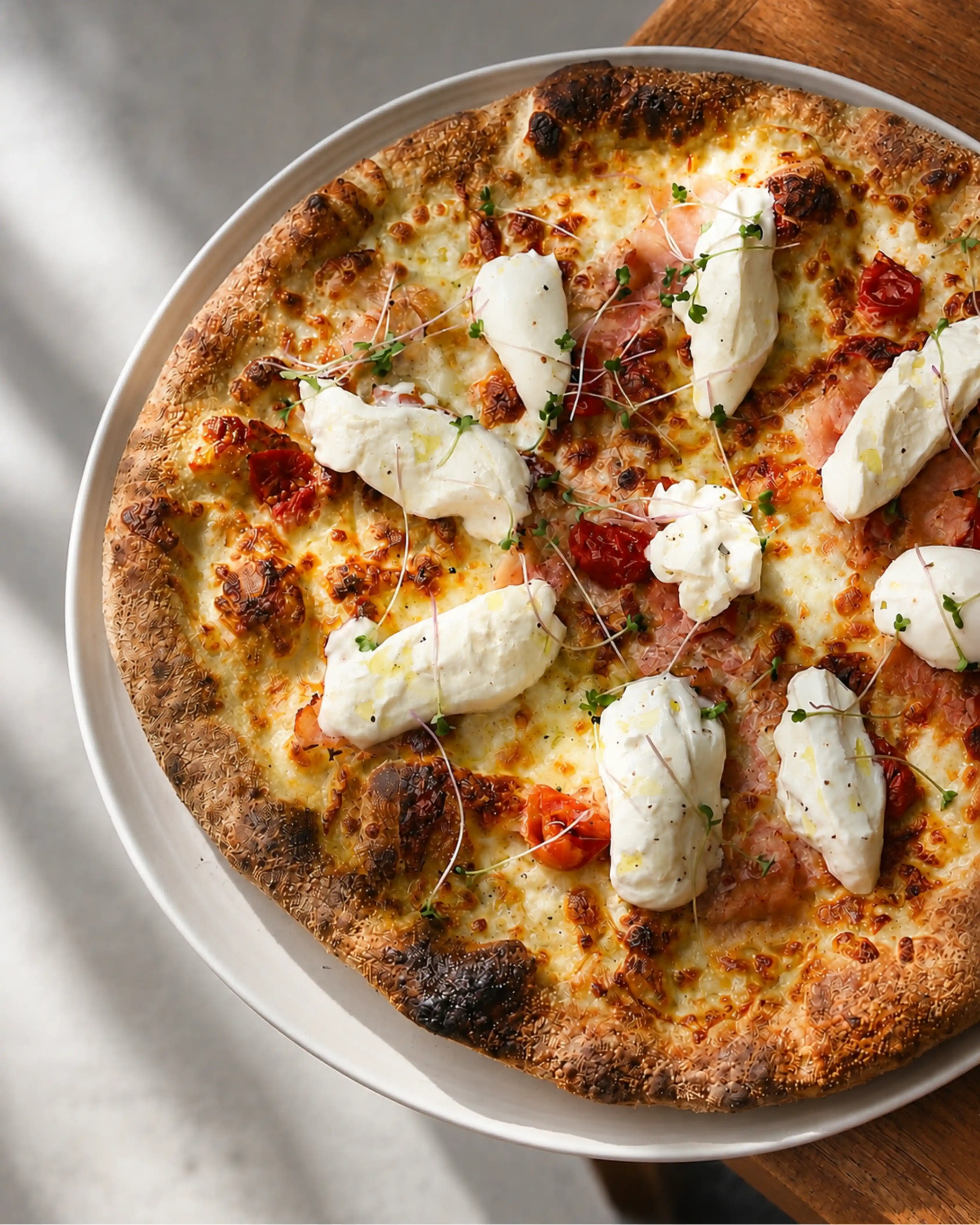 An overhead shot of a white pizza topped with melted cheese, prosciutto, sun-dried tomatoes, microgreens, and dollops of creamy ricotta cheese.
