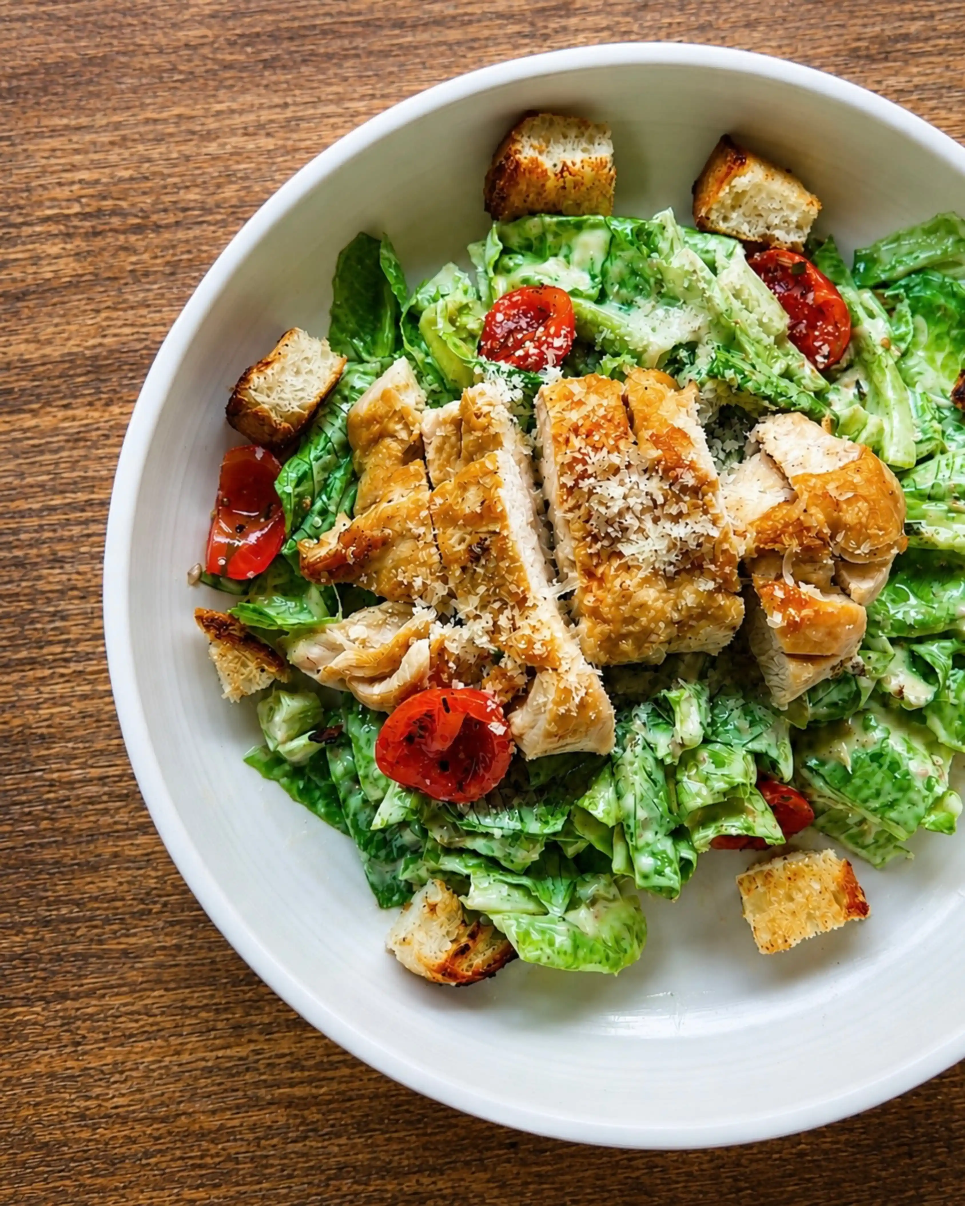 A Caesar salad in a white bowl, topped with sliced grilled chicken breast, crunchy croutons, cherry tomatoes, and grated parmesan cheese.
