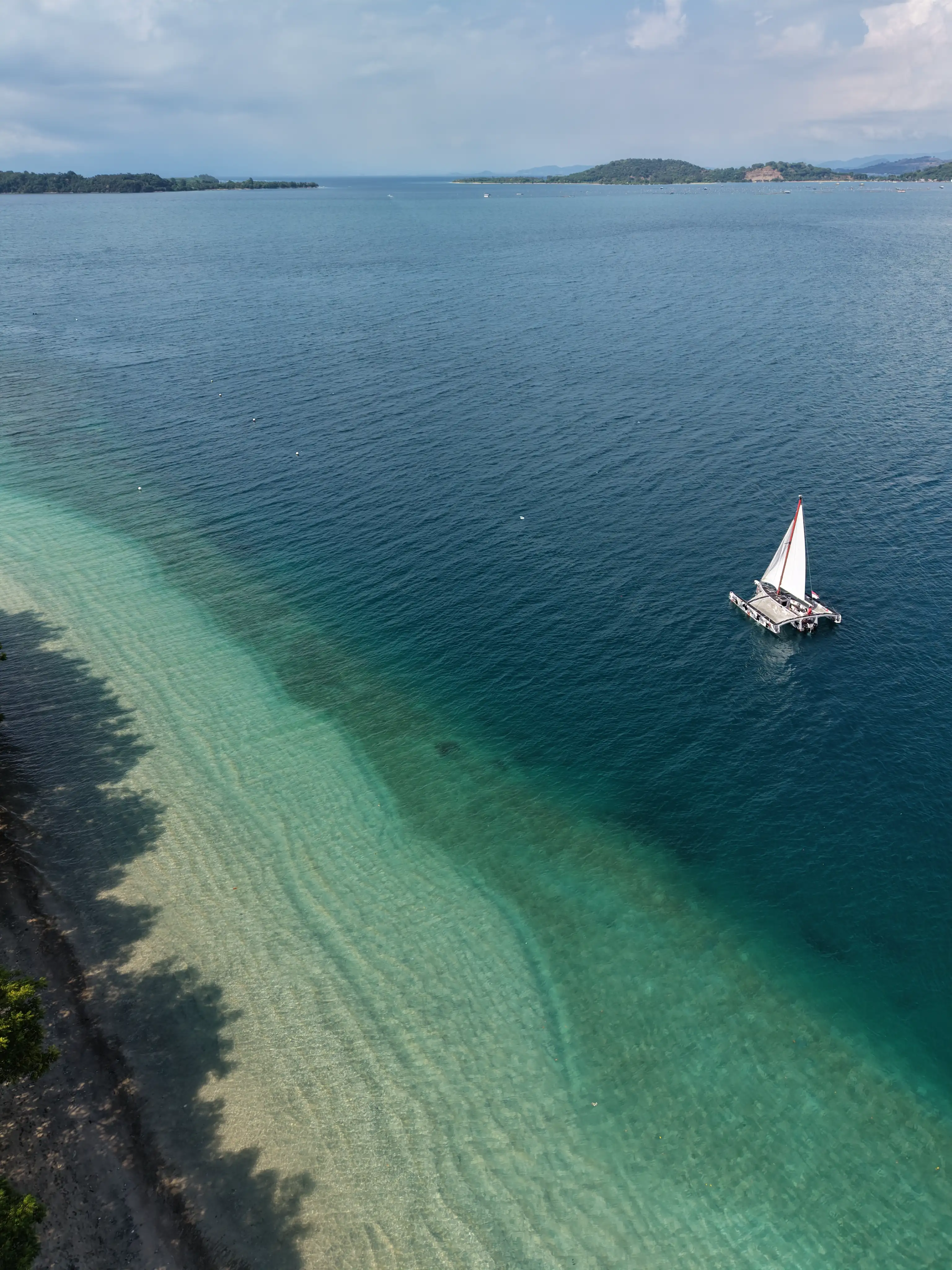 High-angle shot of a white trimaran sailing along a clear turquoise coastline.