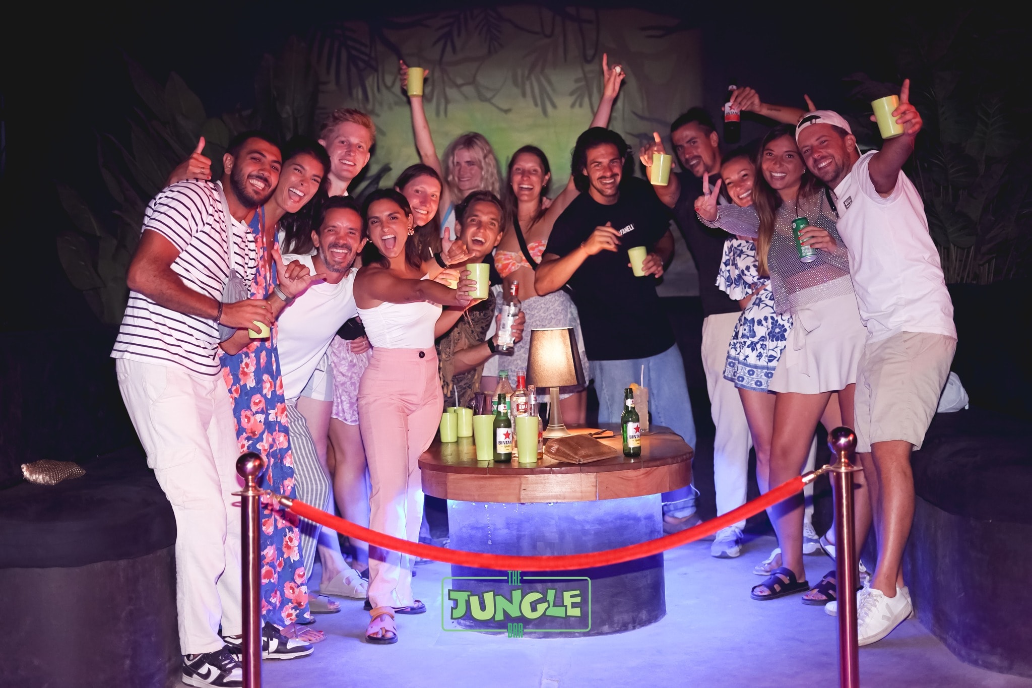 A lively group of friends holding drinks and posing together behind a VIP velvet rope at a nightclub.