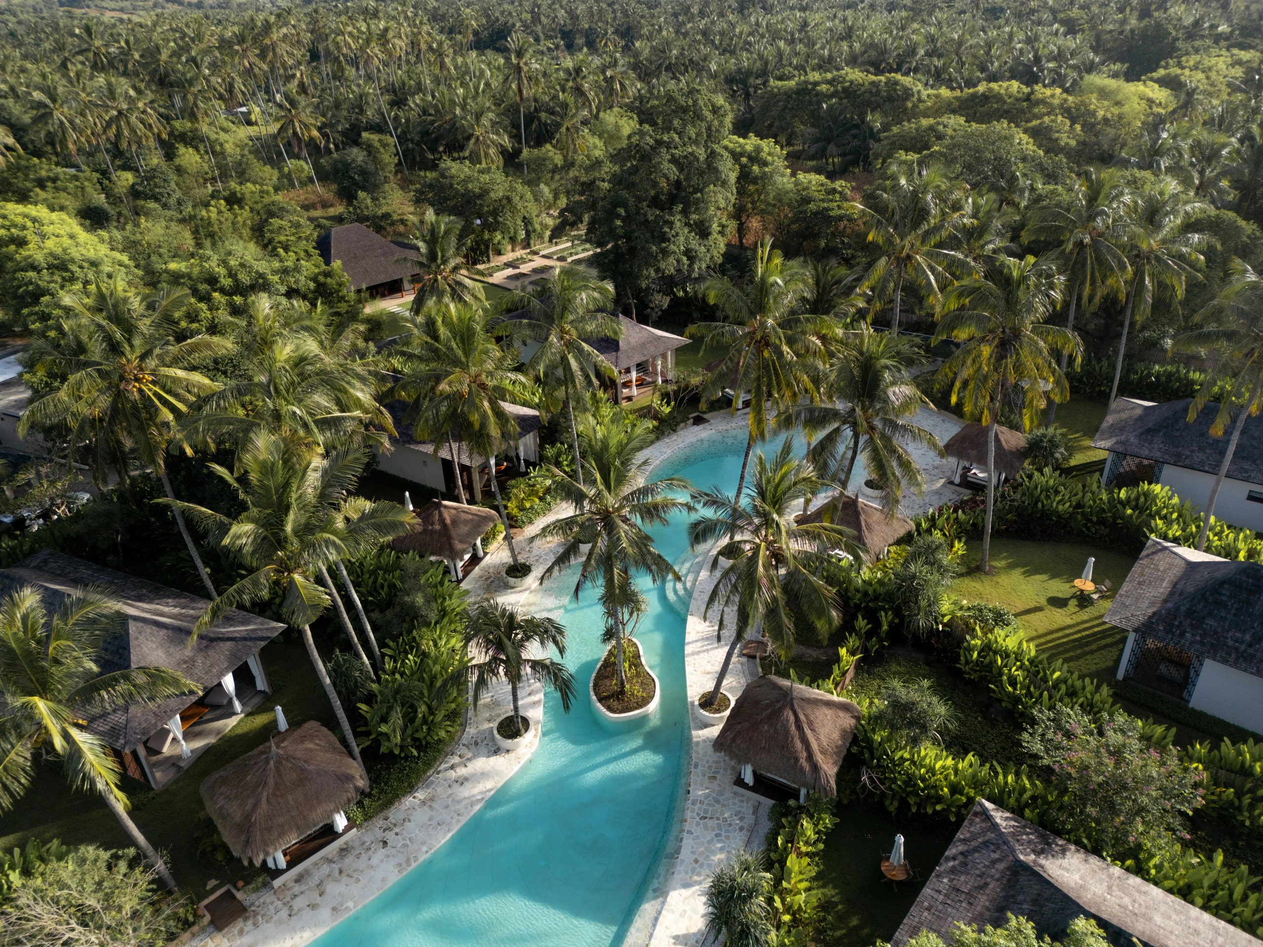 Aerial view of a winding resort pool surrounded by lush palm trees and thatched-roof villas.