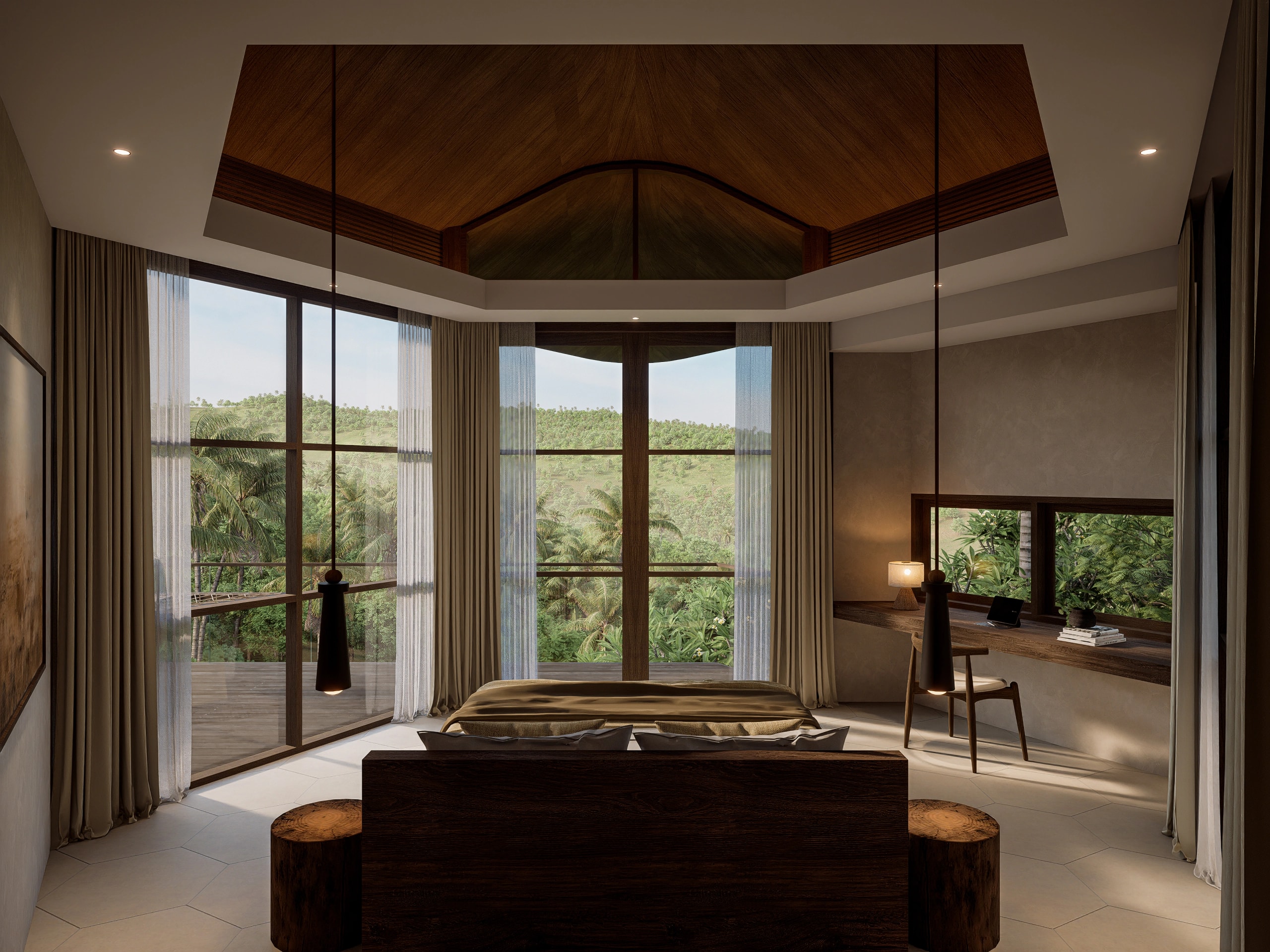 A modern bedroom interior with a high wood-paneled ceiling, large glass windows facing a tropical hill view, and a built-in study desk.