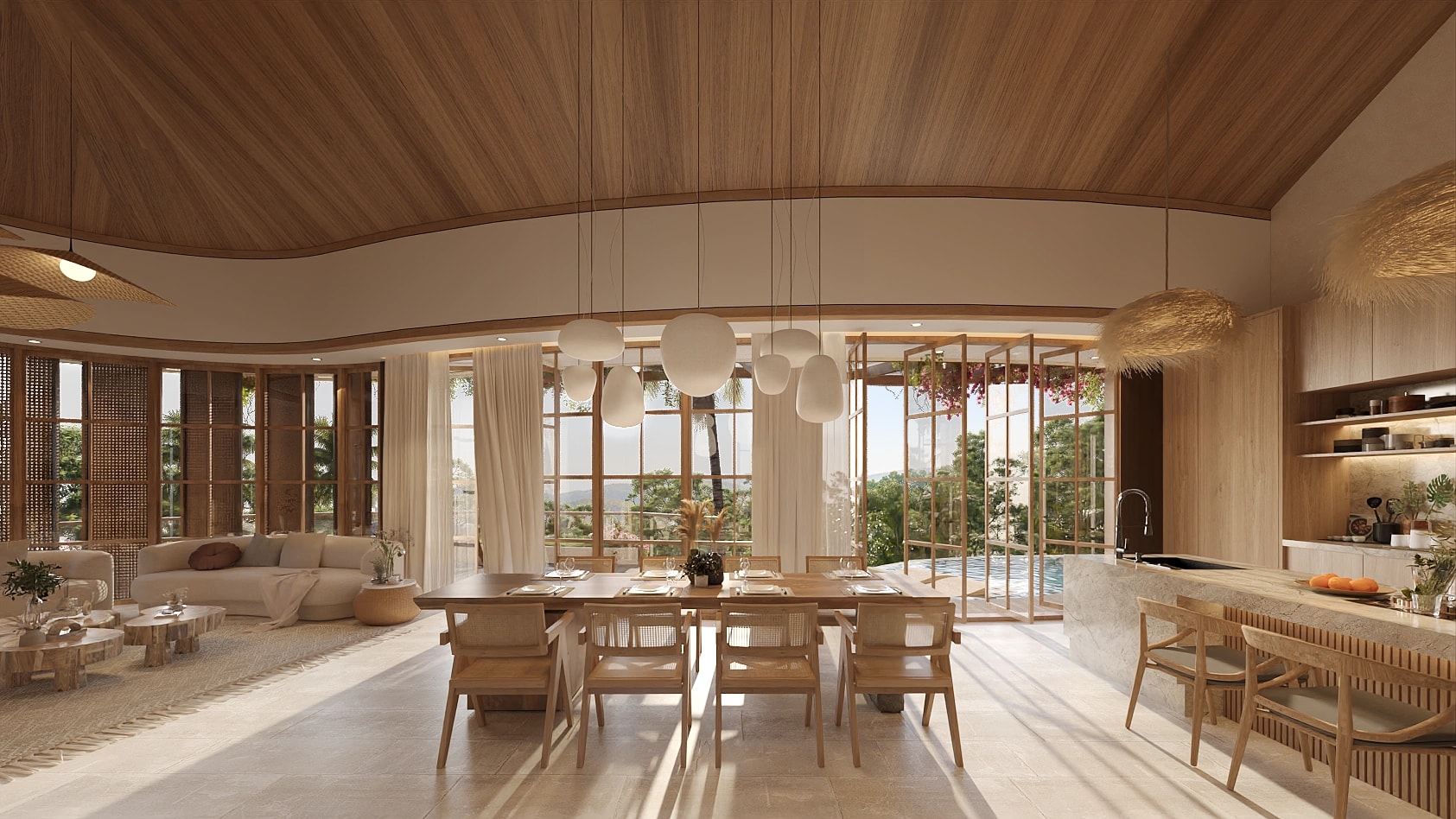 An open-plan luxury living and dining room with high wooden ceilings, elegant pendant lights, and floor-to-ceiling glass doors opening outdoors.