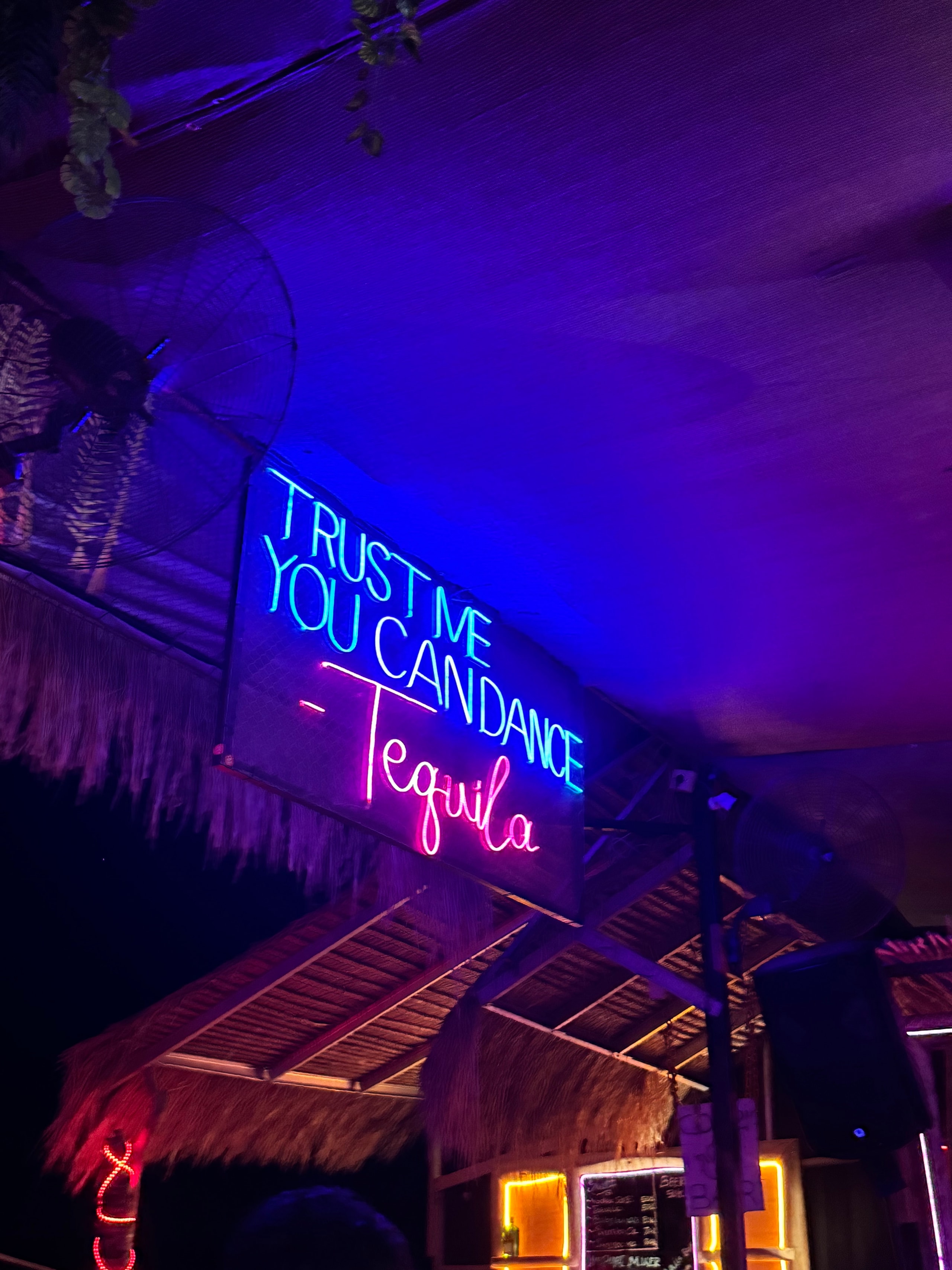 Glowing blue and pink neon sign reading "TRUST ME YOU CAN DANCE - Tequila" at a bar.