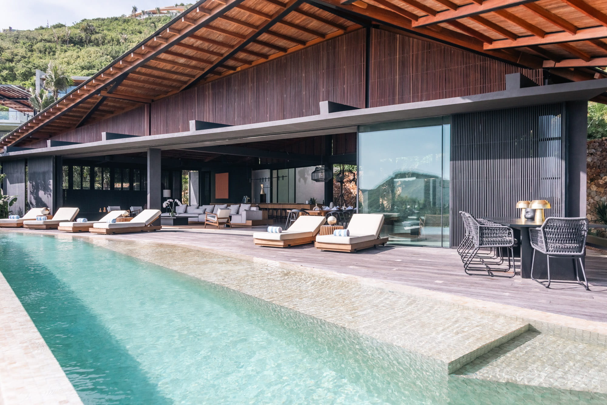 Aerial view of Villa Layang’s expansive terrace and infinity pool