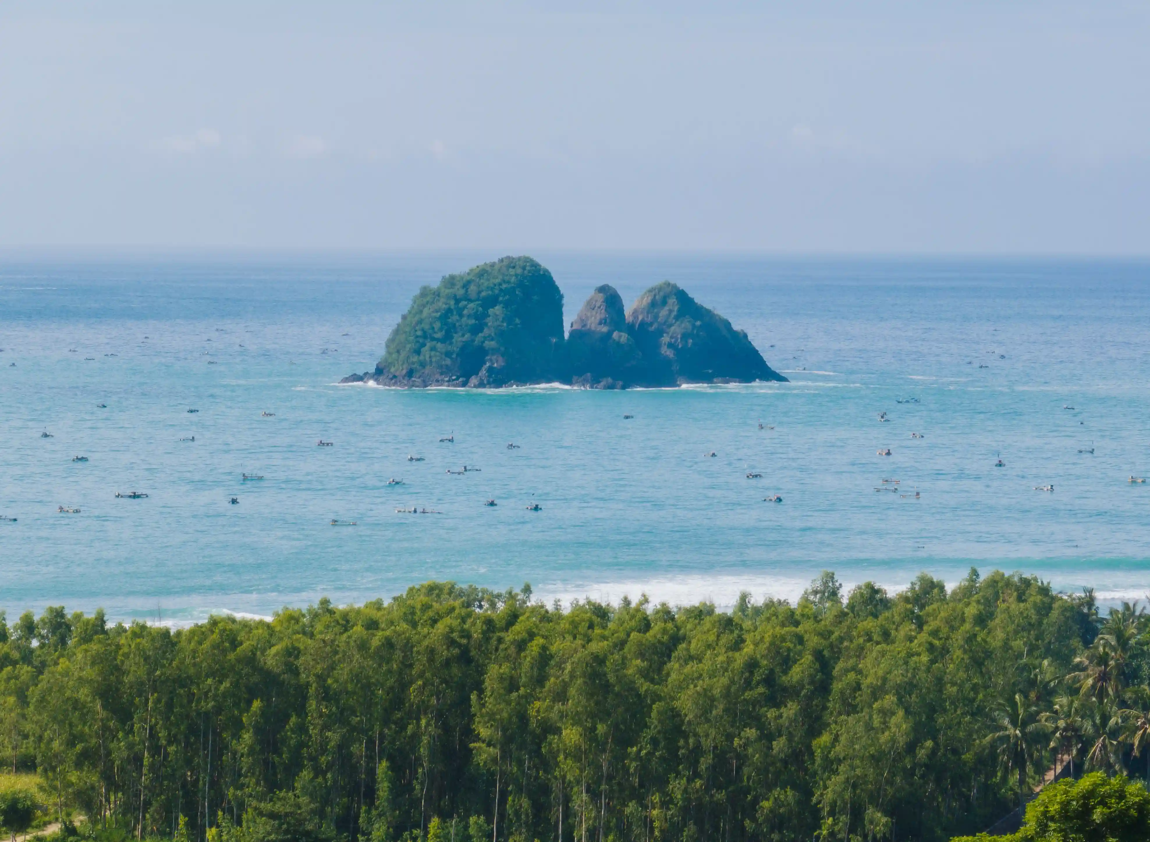 Scenic view looking over a dense green forest canopy toward a small rocky island sitting offshore in blue ocean waters.