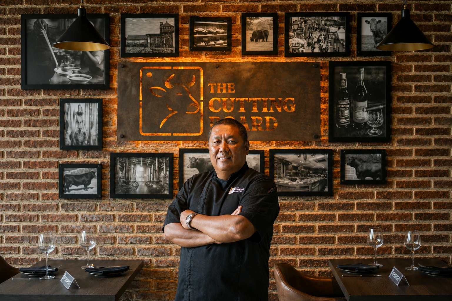 Chef posing with arms crossed in front of a brick wall and "The Cutting Board" restaurant logo.