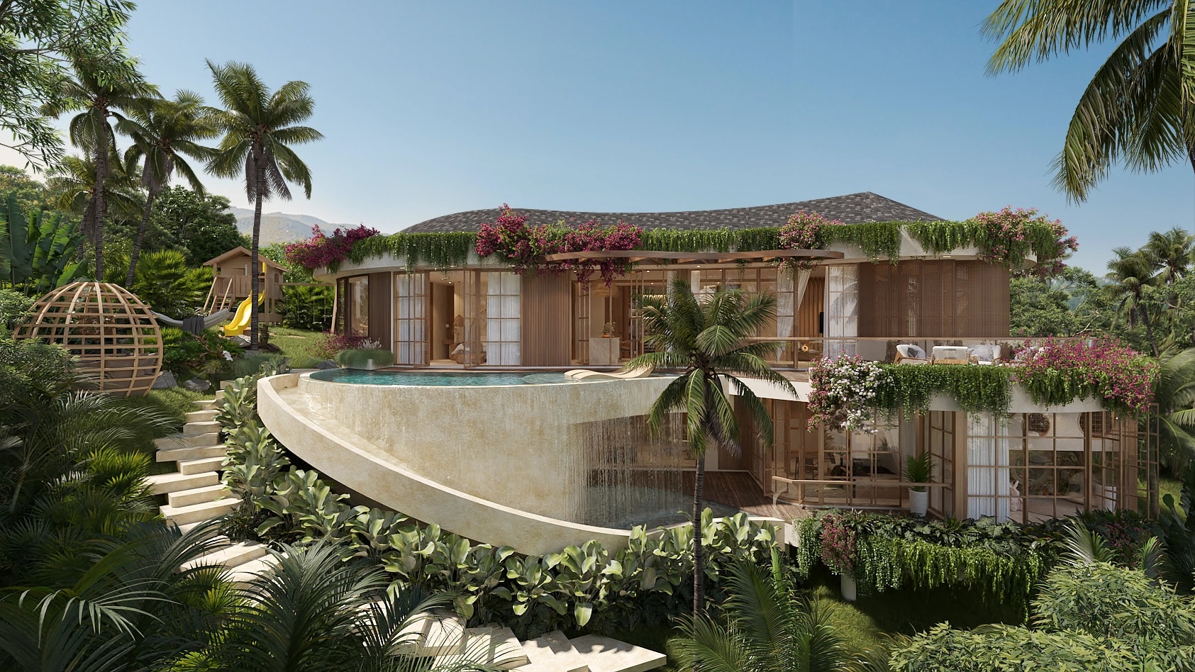 A multi-level tropical villa exterior showcasing stone features, lush hanging flora, an elevated pool, and curved architectural structures.