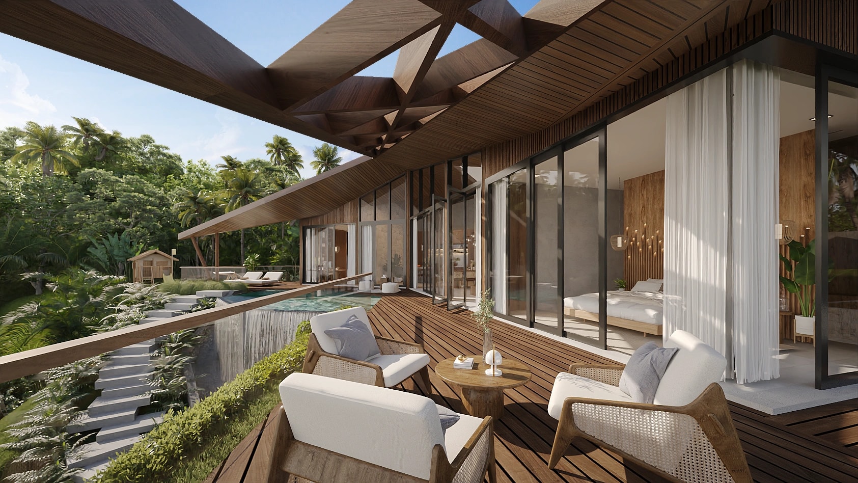 An outdoor wooden deck on an upper level with modern seating, overlooking a waterfall pool feature and surrounding jungle canopy.