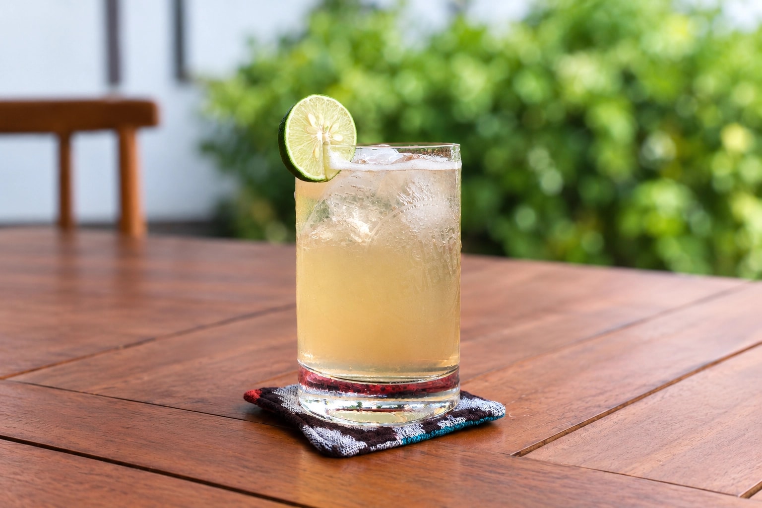 Glass of ice, lime wedge, and Tonic Syrup on a wooden table